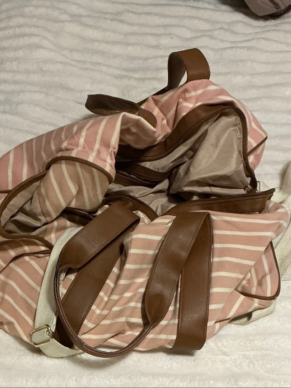 Striped Pink Canvas Tote with Brown Trim - Women's Shoulder Bag